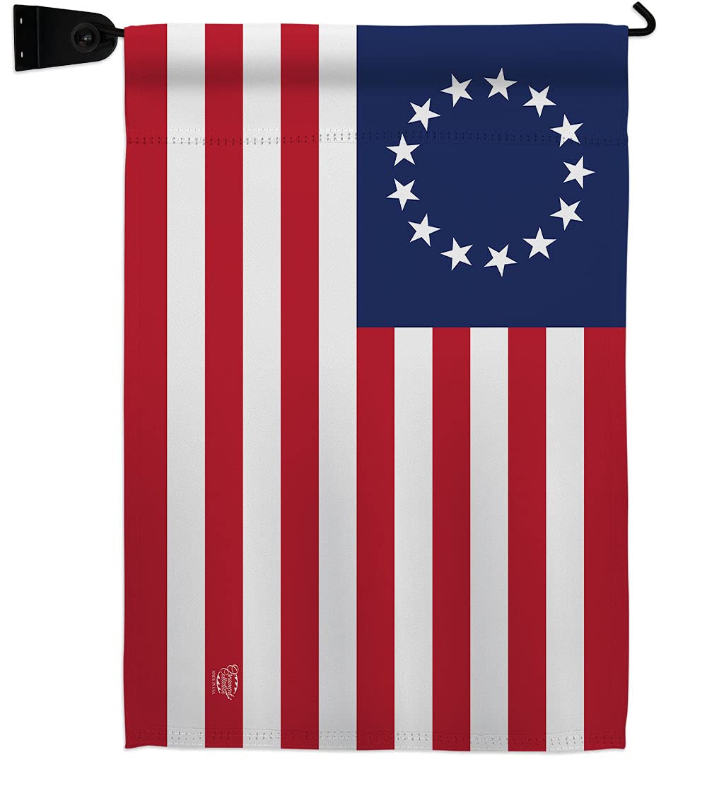 Betsy Ross Burlap Garden Flag Set Wood Dowel Americana US Historic July Memorial Veteran Independence United State American Small Decorative Gift Yard House Banner Double-Sided Made In USA 13 X 18.5