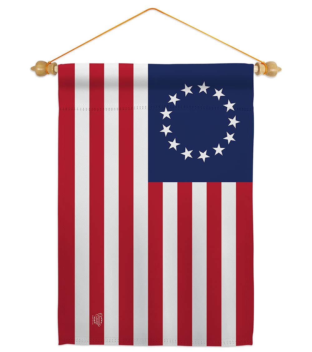 Betsy Ross Burlap Garden Flag Set Wood Dowel Americana US Historic July Memorial Veteran Independence United State American Small Decorative Gift Yard House Banner Double-Sided Made In USA 13 X 18.5