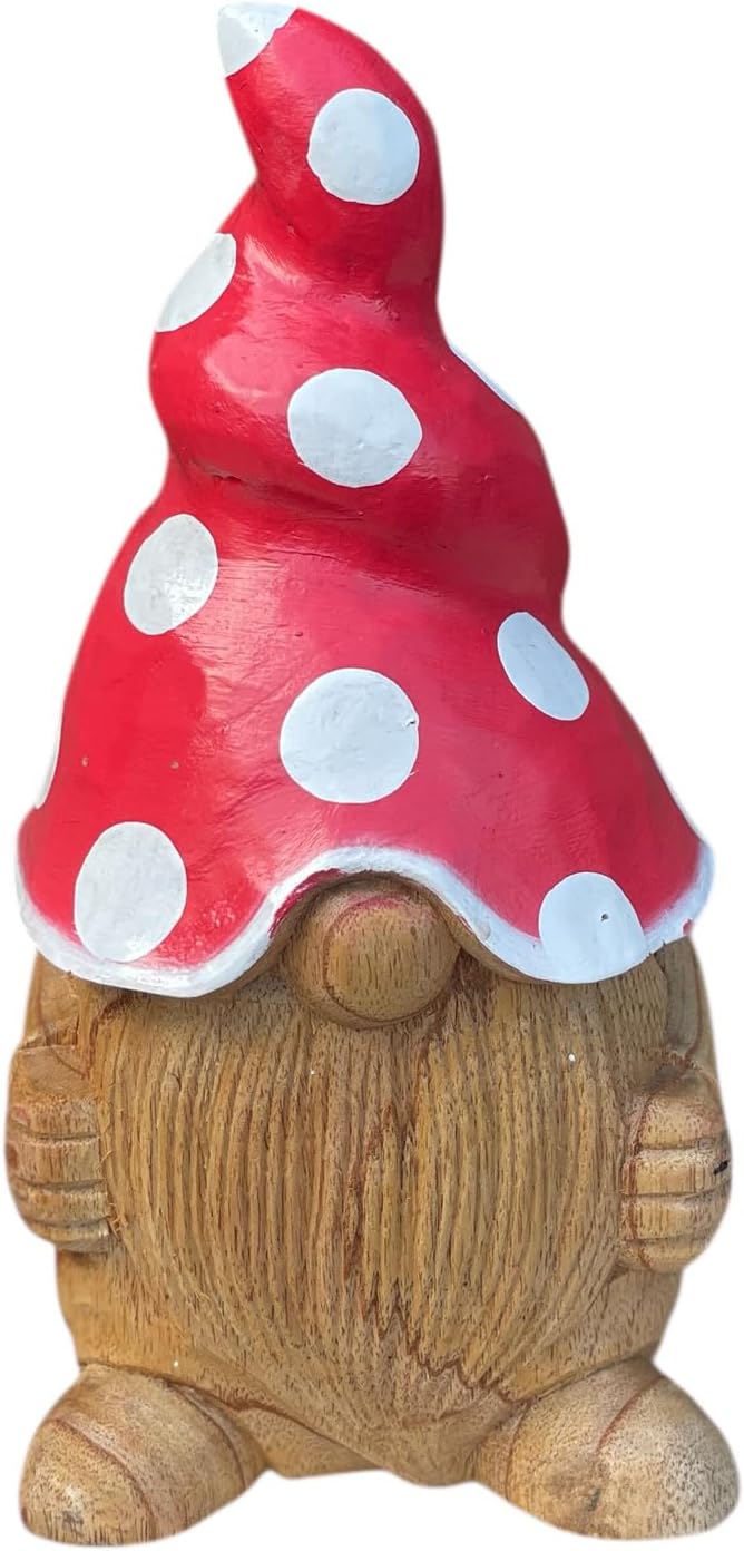 OMA Gnome Figurine with Red Mushroom Hat & Flower – Hand-Carved Teak Wood Statue for Home Decor, Whimsical Shelf Accent, Garden Decor Or Gift