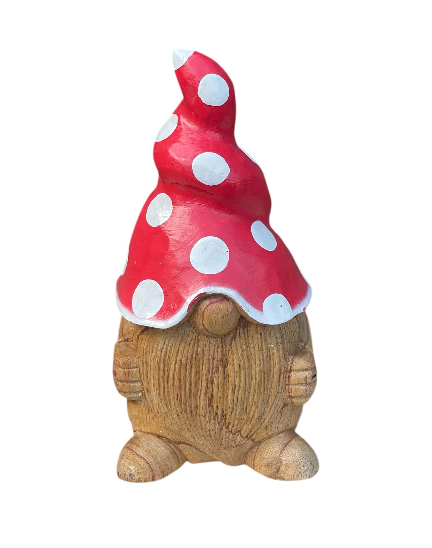 OMA Gnome Figurine with Red Mushroom Hat & Flower – Hand-Carved Teak Wood Statue for Home Decor, Whimsical Shelf Accent, Garden Decor Or Gift