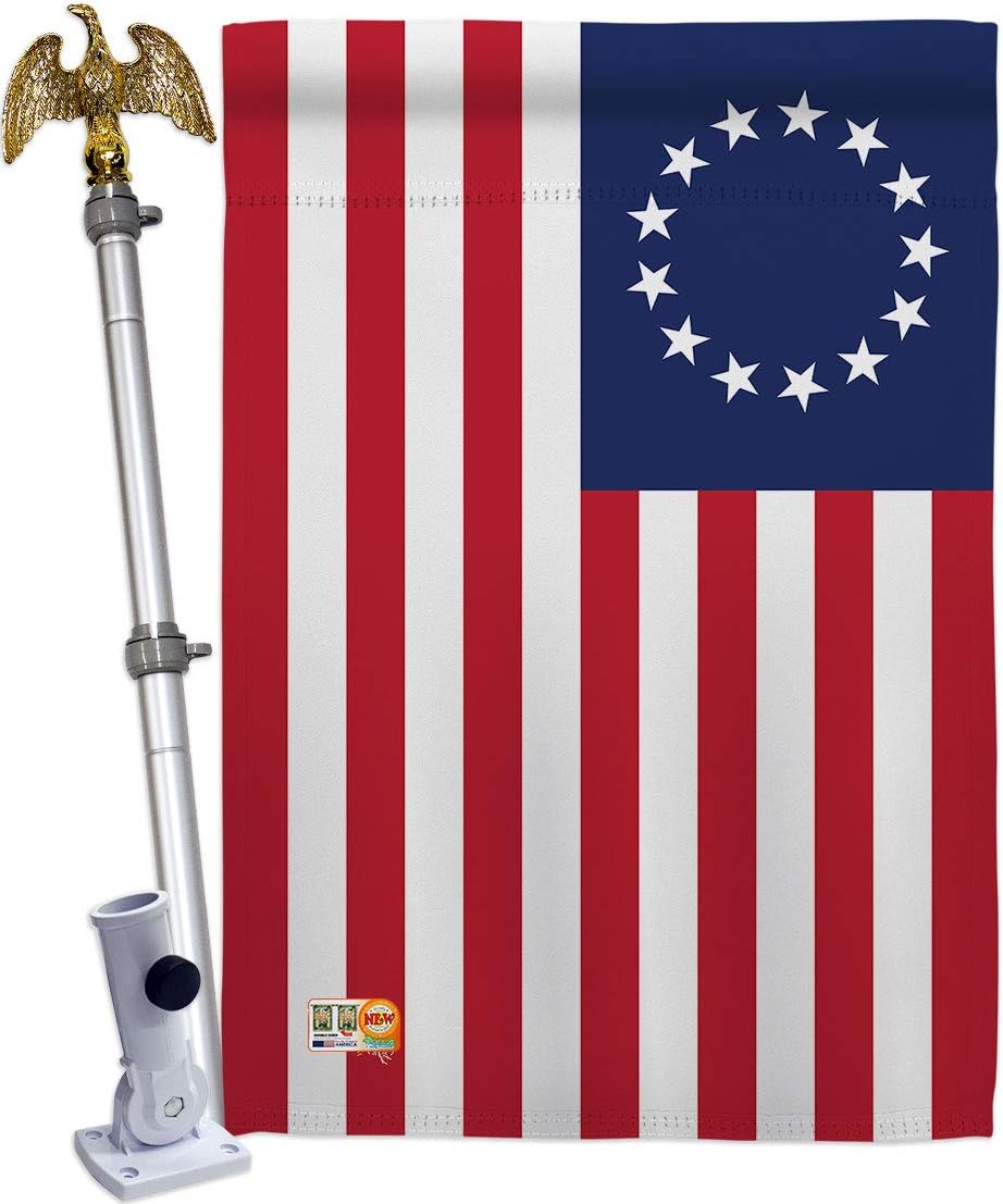 Betsy Ross Burlap Garden Flag Set Wood Dowel Americana US Historic July Memorial Veteran Independence United State American Small Decorative Gift Yard House Banner Double-Sided Made In USA 13 X 18.5
