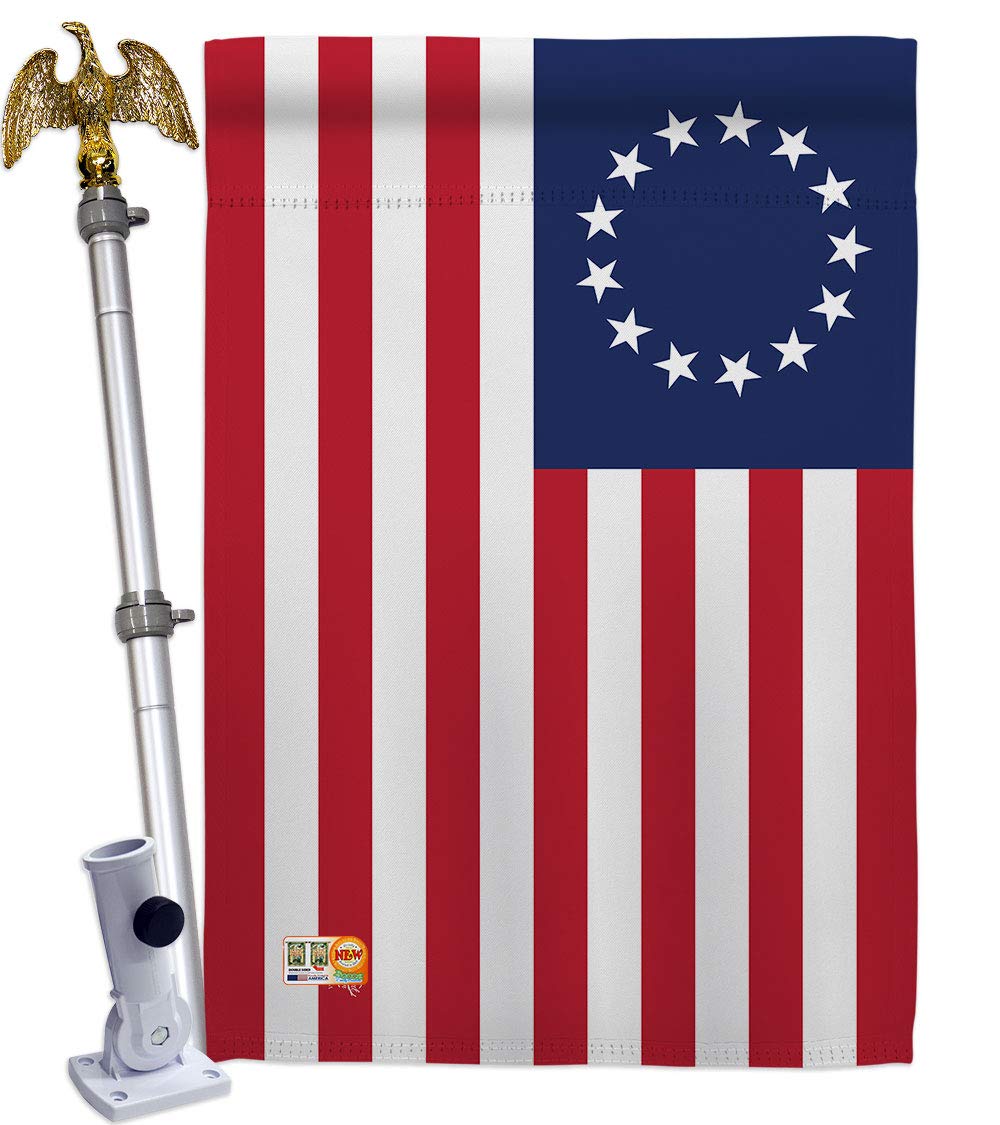 Betsy Ross Burlap Garden Flag Set Wood Dowel Americana US Historic July Memorial Veteran Independence United State American Small Decorative Gift Yard House Banner Double-Sided Made In USA 13 X 18.5