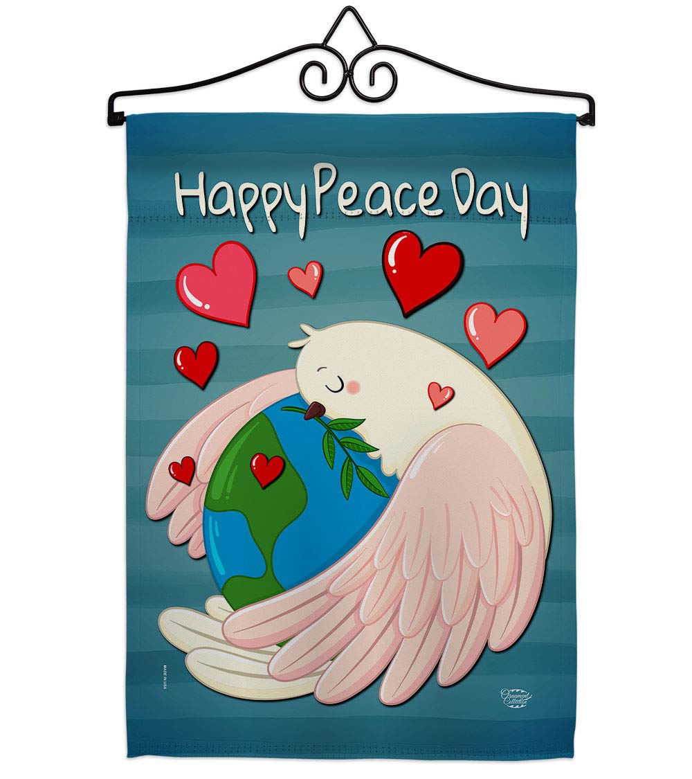 Happy Peace Day Burlap Burlap Garden Flag Set Wall Holder Sweet Life Earth Support Environmental Protection Small Decorative Gift Yard House Banner Double-Sided Made In USA 13 X 18.5