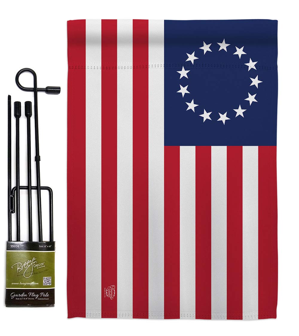 Betsy Ross Burlap Garden Flag Set Wood Dowel Americana US Historic July Memorial Veteran Independence United State American Small Decorative Gift Yard House Banner Double-Sided Made In USA 13 X 18.5