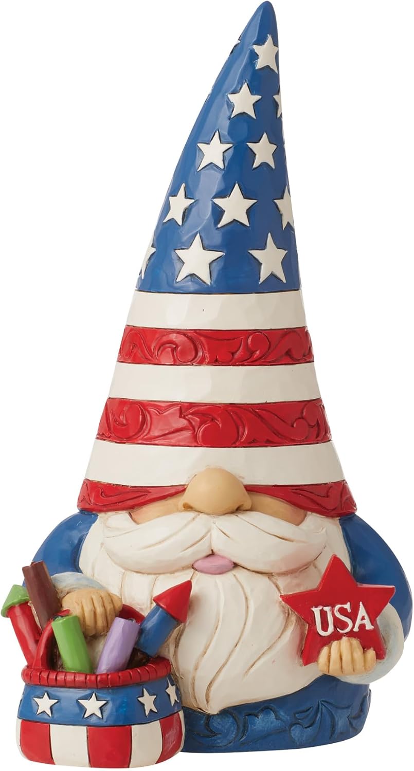 Enesco Jim Shore Heartwood Creek Patriotic Gnome Holding Fireworks Basket Figurine- Resin Hand Painted Collectible USA Decorative Gnomes Figurines Home Decor Statue, 7.5 Inch