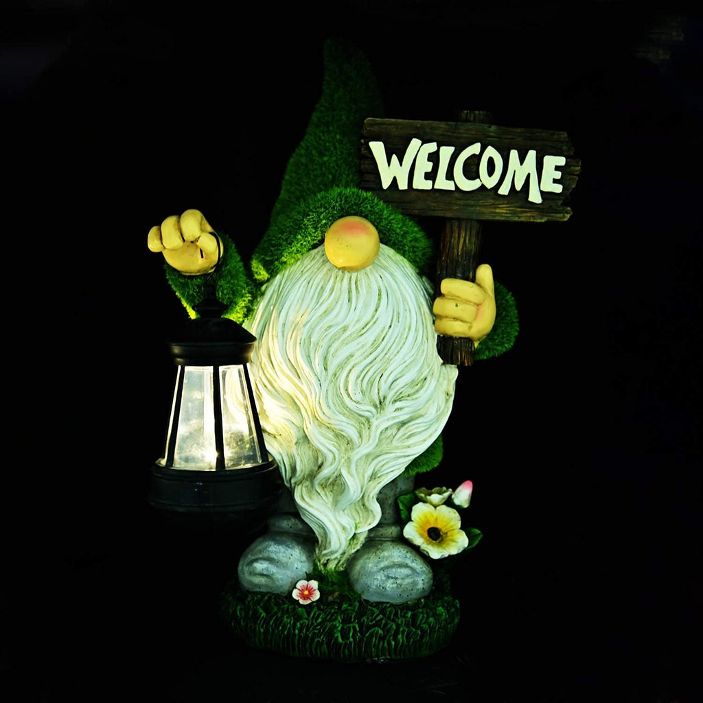 10.8" Solar LED Garden Gnome Statue with Welcome Sign, Outdoor Yard Lawn Decor
