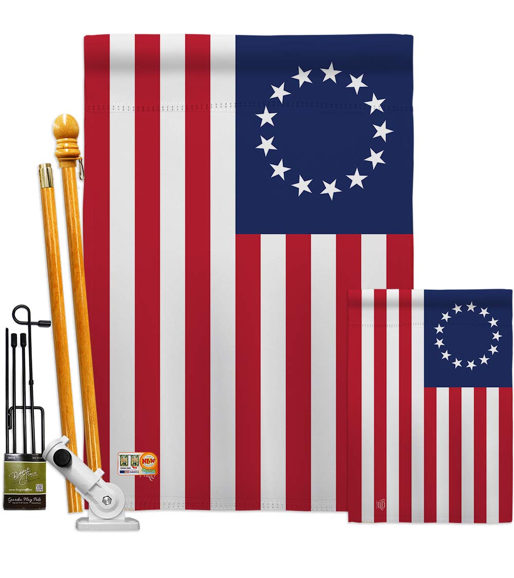 Betsy Ross Burlap Garden Flag Set Wood Dowel Americana US Historic July Memorial Veteran Independence United State American Small Decorative Gift Yard House Banner Double-Sided Made In USA 13 X 18.5