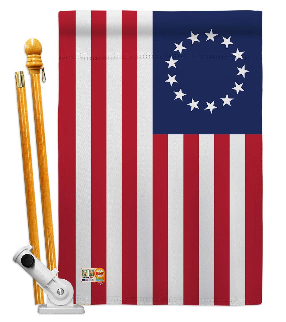 Betsy Ross Burlap Garden Flag Set Wood Dowel Americana US Historic July Memorial Veteran Independence United State American Small Decorative Gift Yard House Banner Double-Sided Made In USA 13 X 18.5