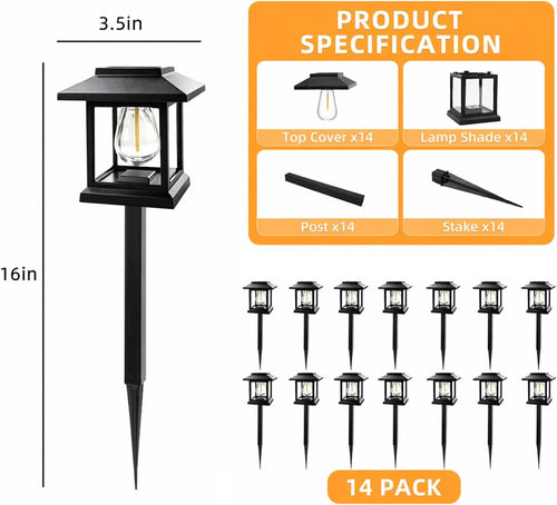 14-Pack Solar Pathway Lights - High-Efficiency Polycrystalline Panels for All-Night Glow - IP65 Waterproof Outdoor Landscape Lighting for Garden, Walkway & Driveway Security (Black)