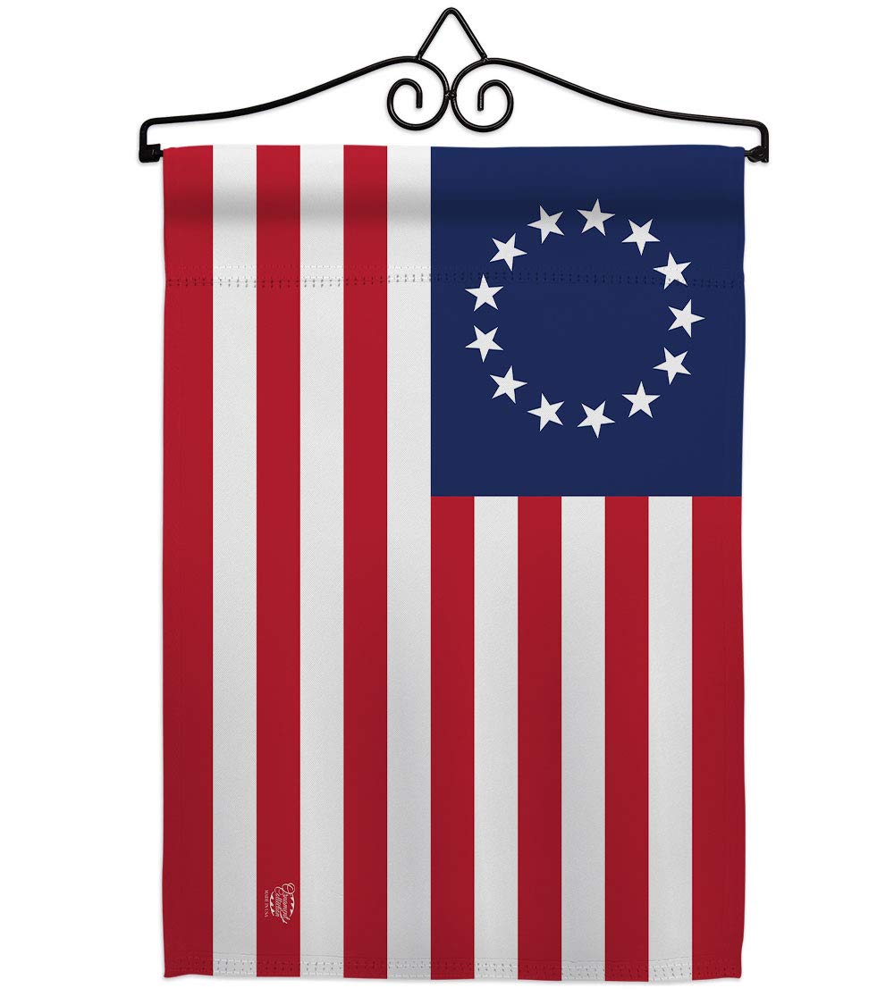 Betsy Ross Burlap Garden Flag Set Wood Dowel Americana US Historic July Memorial Veteran Independence United State American Small Decorative Gift Yard House Banner Double-Sided Made In USA 13 X 18.5