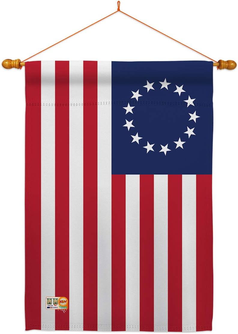 Betsy Ross Burlap Garden Flag Set Wood Dowel Americana US Historic July Memorial Veteran Independence United State American Small Decorative Gift Yard House Banner Double-Sided Made In USA 13 X 18.5