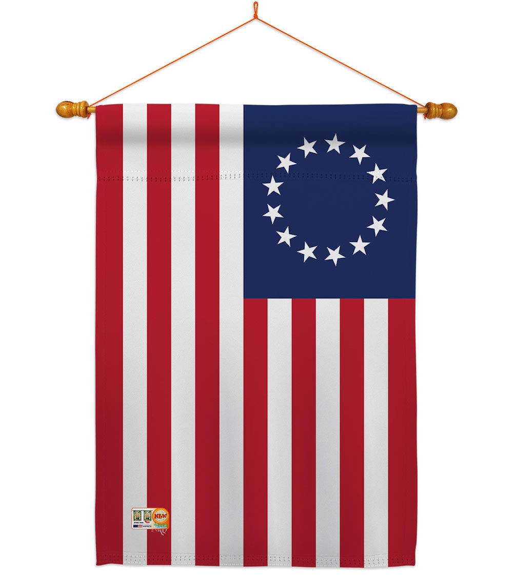 Betsy Ross Burlap Garden Flag Set Wood Dowel Americana US Historic July Memorial Veteran Independence United State American Small Decorative Gift Yard House Banner Double-Sided Made In USA 13 X 18.5