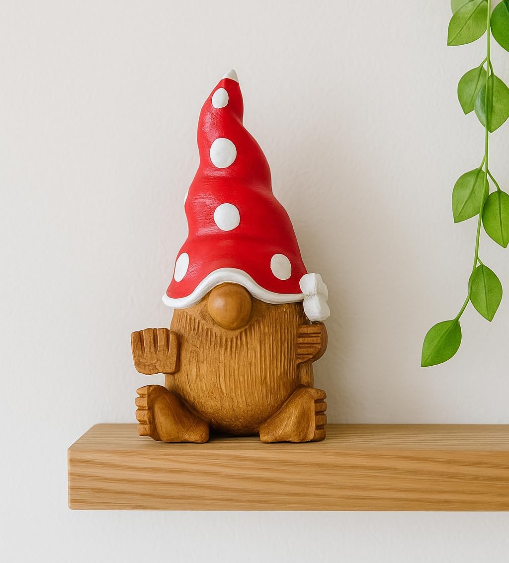 OMA Gnome Figurine with Red Mushroom Hat & Flower – Hand-Carved Teak Wood Statue for Home Decor, Whimsical Shelf Accent, Garden Decor Or Gift