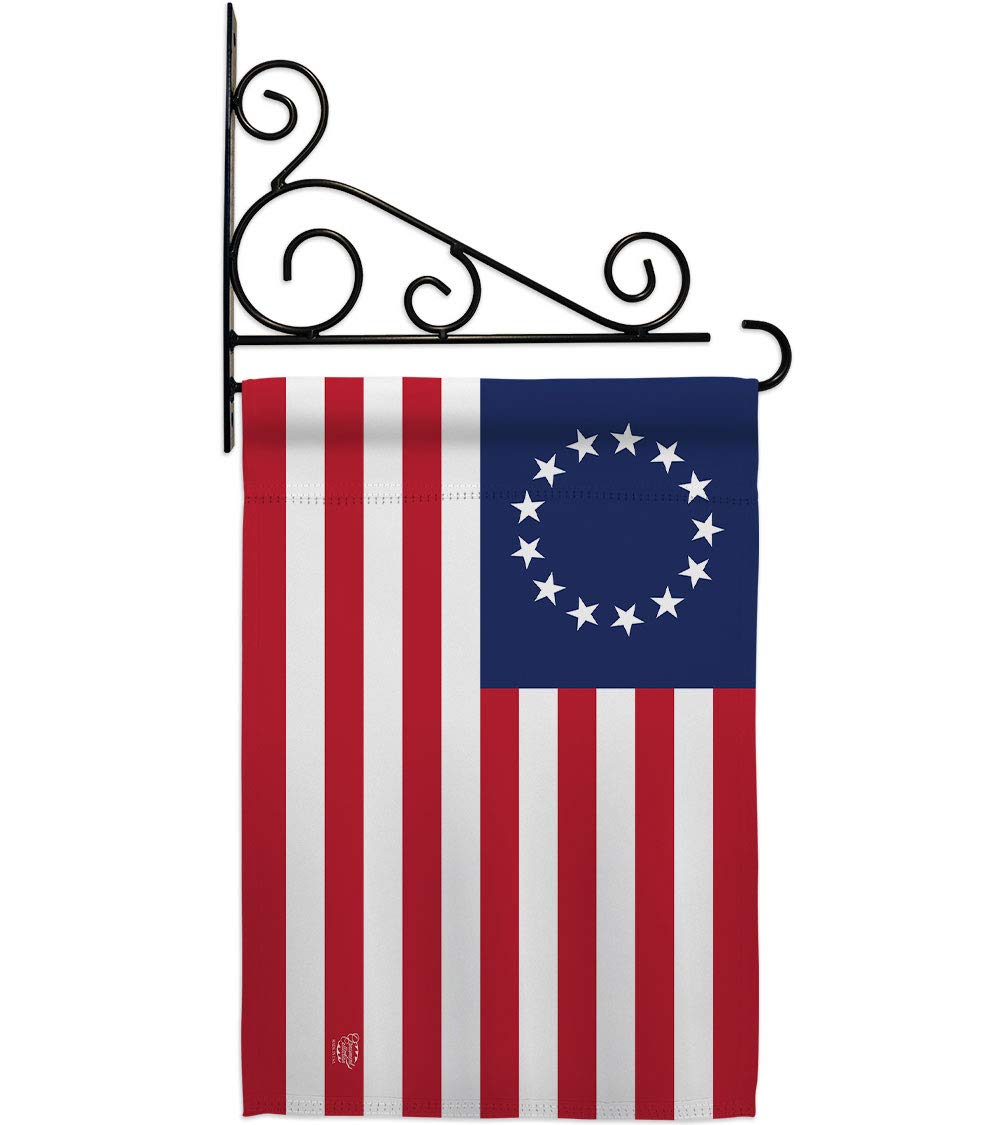 Betsy Ross Burlap Garden Flag Set Wood Dowel Americana US Historic July Memorial Veteran Independence United State American Small Decorative Gift Yard House Banner Double-Sided Made In USA 13 X 18.5