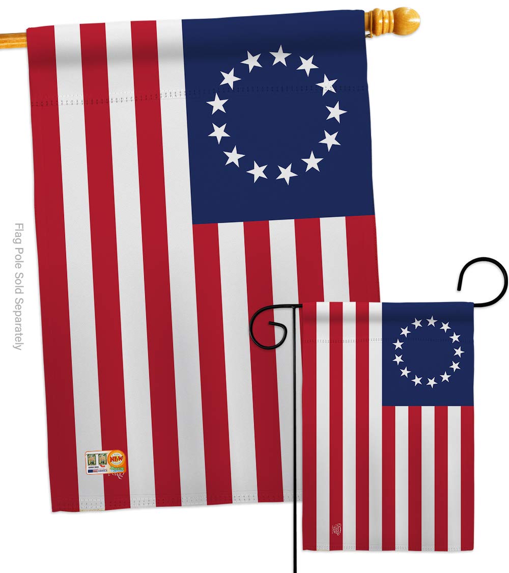 Betsy Ross Burlap Garden Flag Set Wood Dowel Americana US Historic July Memorial Veteran Independence United State American Small Decorative Gift Yard House Banner Double-Sided Made In USA 13 X 18.5
