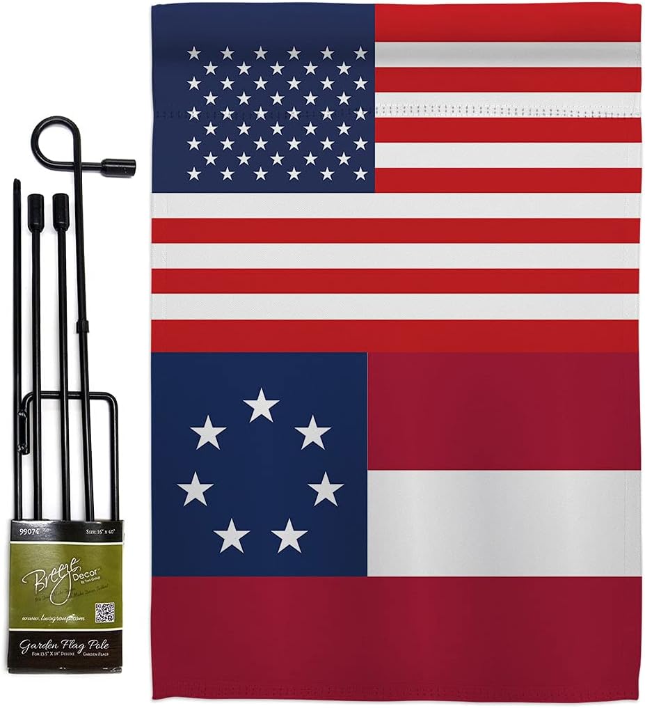 US Star & Bars Garden Flag - Set with Stand Patriotic Historic July Memorial Veteran Independence United State American - House Decoration Banner Small Yard Gift Double-Sided Made in USA 13 X 18.5
