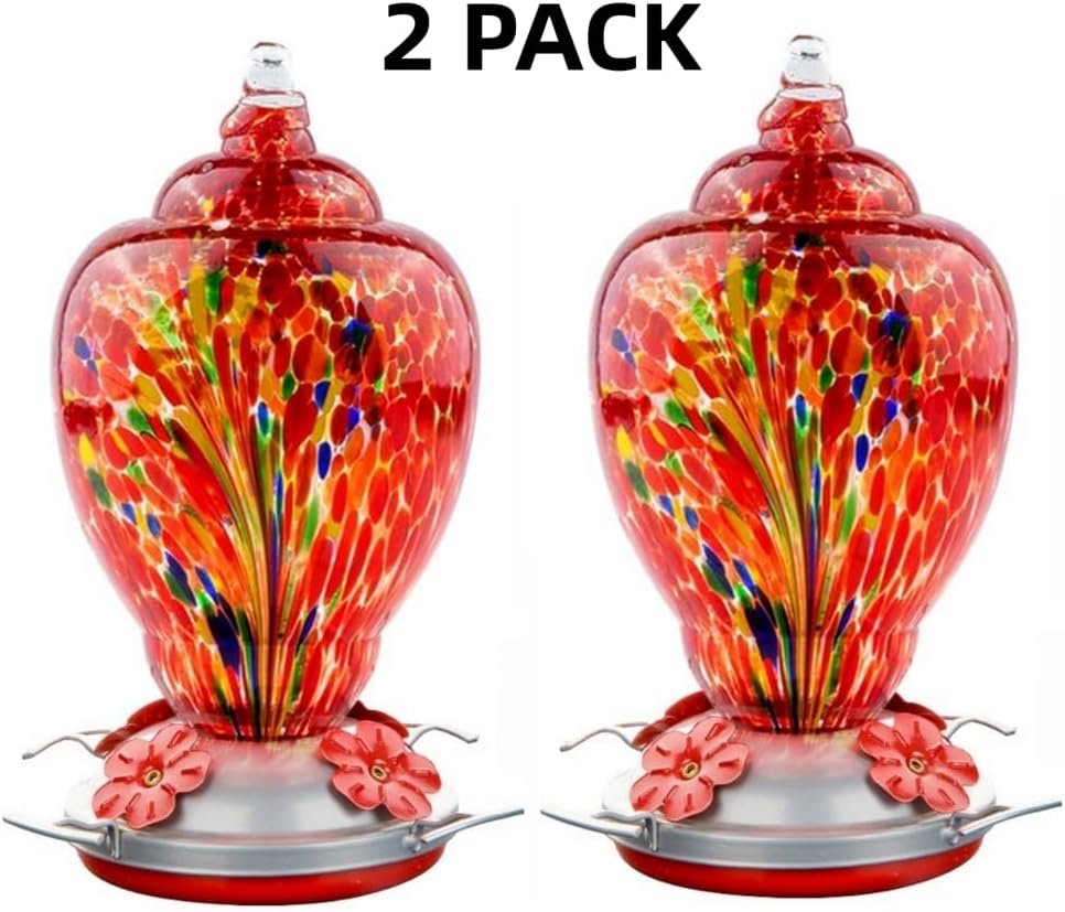 2 Pack Unique Hand Blown Glass Hummingbird Feeders for Outdoors Hanging Patio Garden Decorations Hummingbird Feeder with Ant Moat Hook Brush and Service Card (Blue and Fire)