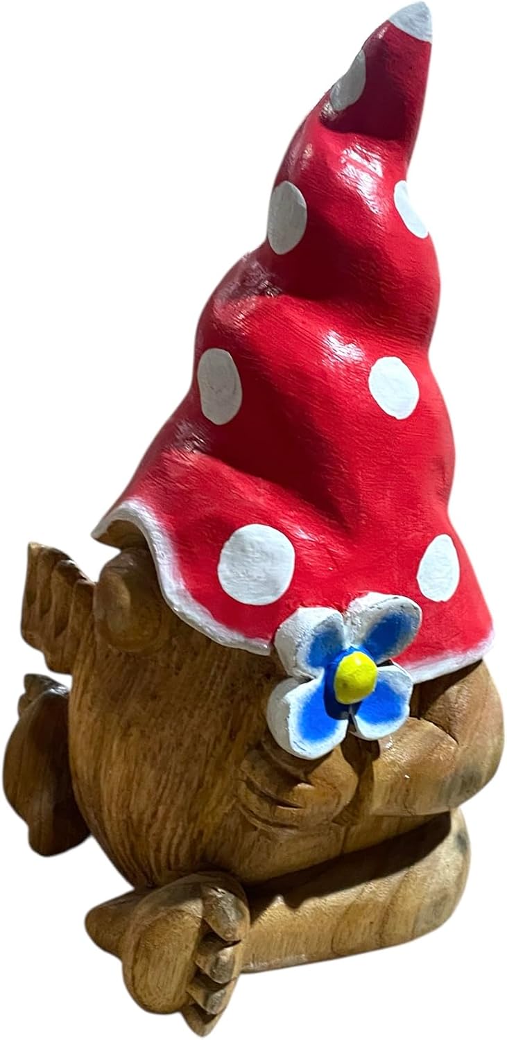 OMA Gnome Figurine with Red Mushroom Hat & Flower – Hand-Carved Teak Wood Statue for Home Decor, Whimsical Shelf Accent, Garden Decor Or Gift