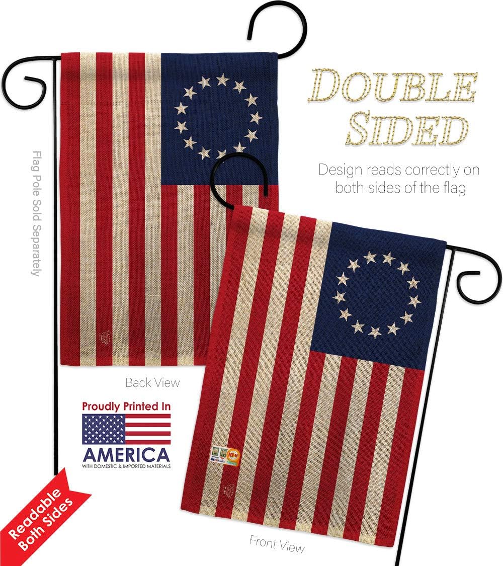 Betsy Ross Burlap Garden Flag Set Wood Dowel Americana US Historic July Memorial Veteran Independence United State American Small Decorative Gift Yard House Banner Double-Sided Made In USA 13 X 18.5