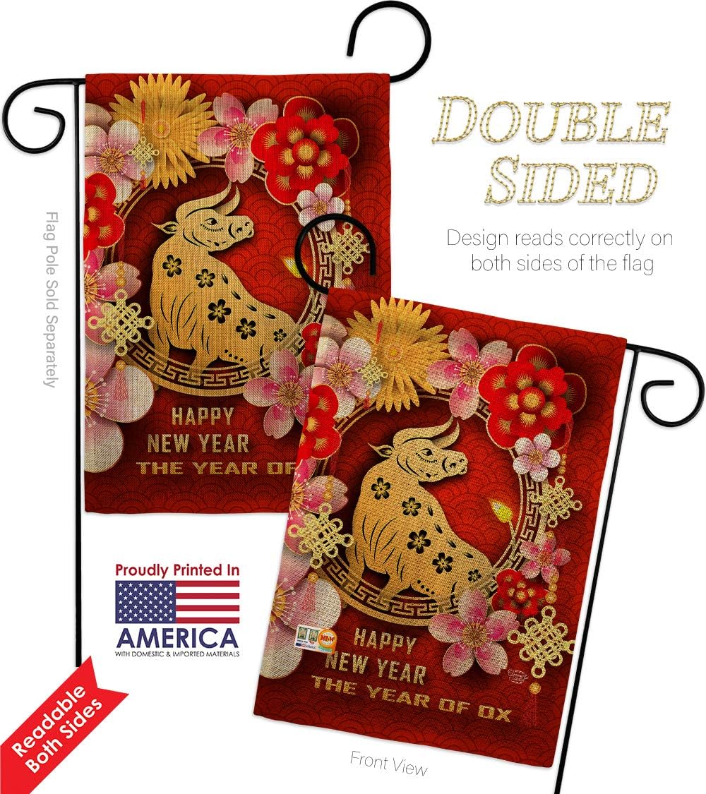 Year of Ox Burlap Garden Flag 2pcs Pack Winter Lunar New Good Luck Prosperous Seasonal Arrival Blessing House Decoration Banner Small Yard Gift Double-Sided, Made in USA