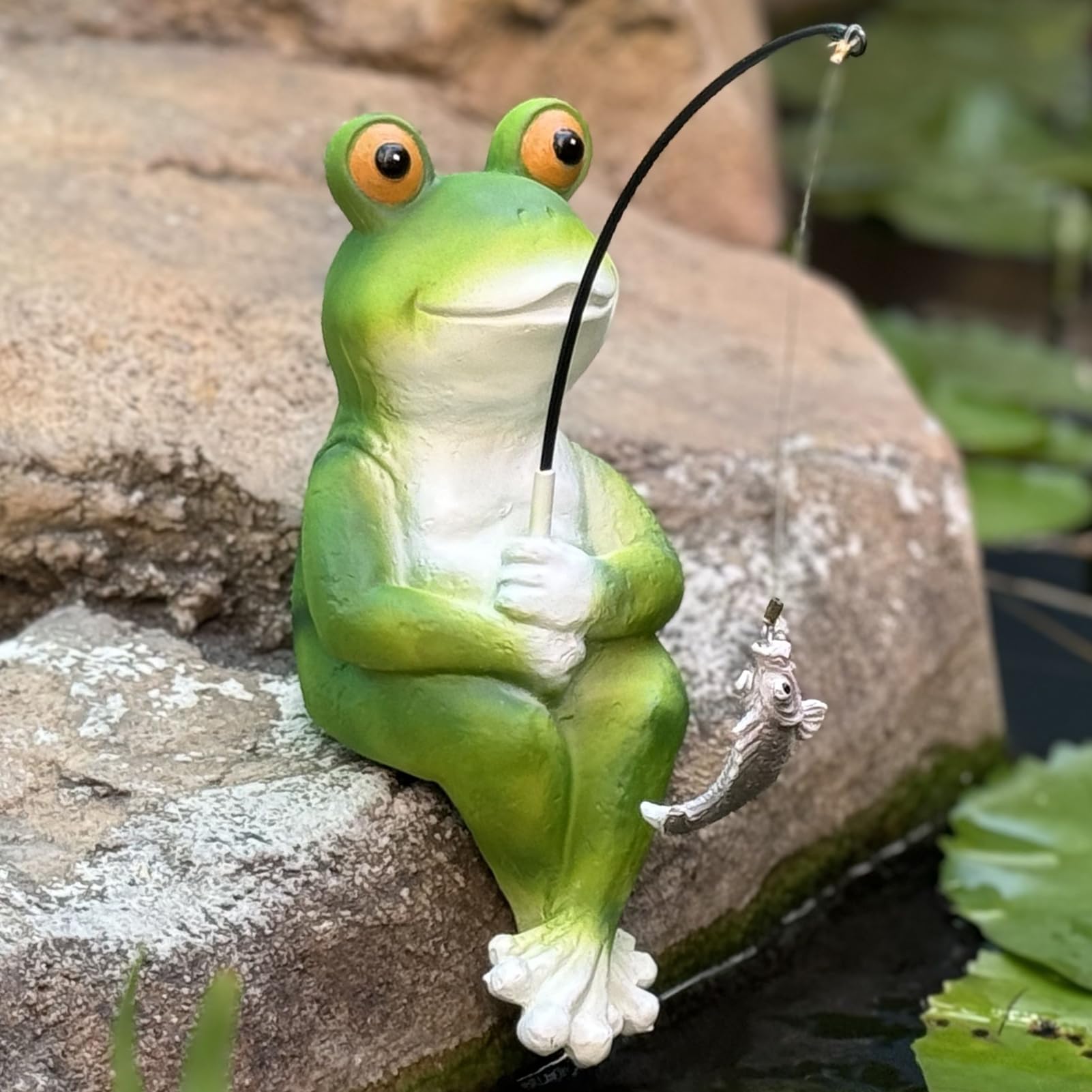 Gnomes Decoration for Yard Outdoor Garden Decor 9.7 Inch Tall Fishing Gnome Statue for Koi Pond, Waterfalls or Poolside Ornaments, Fisher Guy Outdoor Statues, Gift for Mom & Women