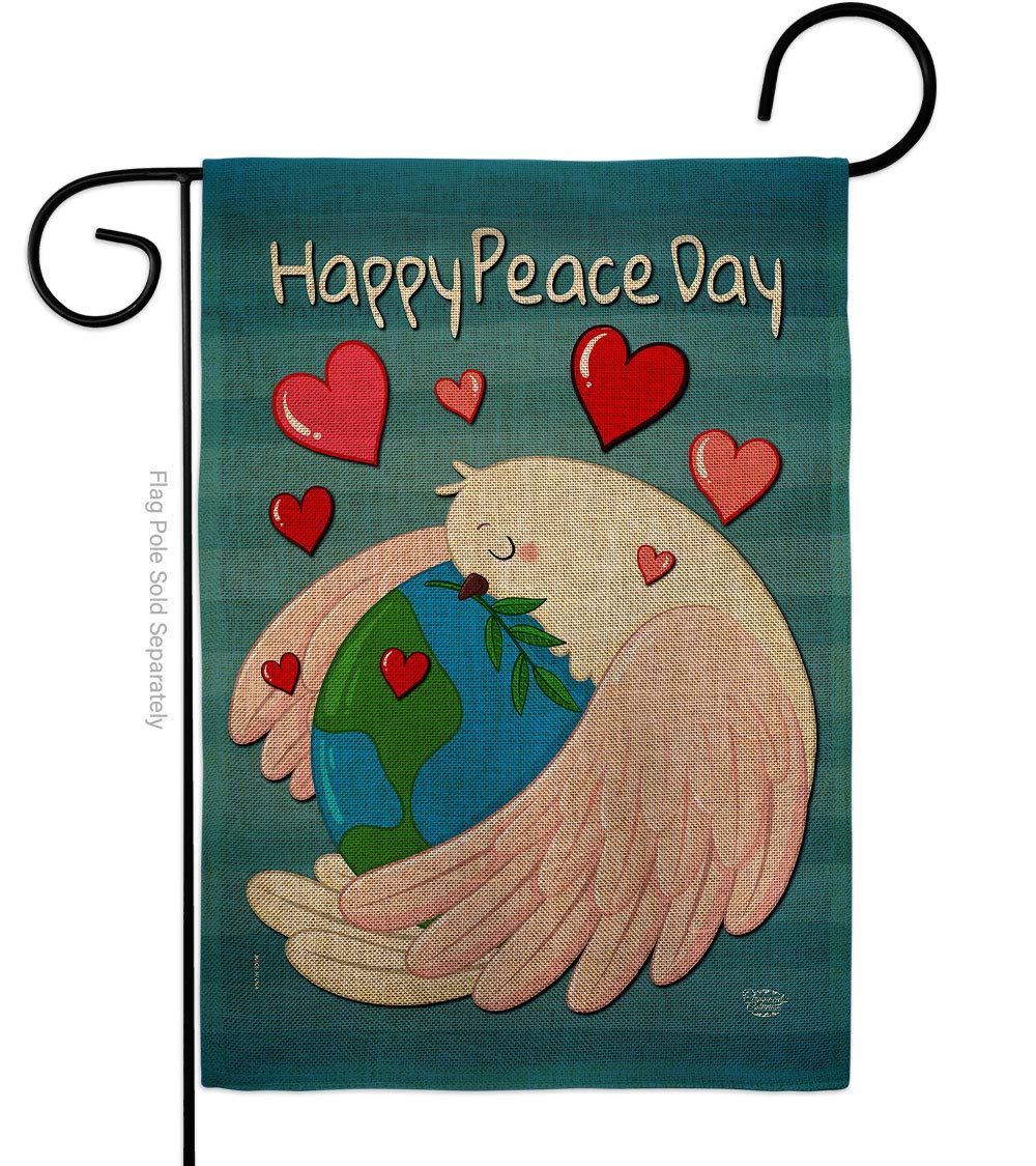 Happy Peace Day Burlap Burlap Garden Flag Set Wall Holder Sweet Life Earth Support Environmental Protection Small Decorative Gift Yard House Banner Double-Sided Made In USA 13 X 18.5