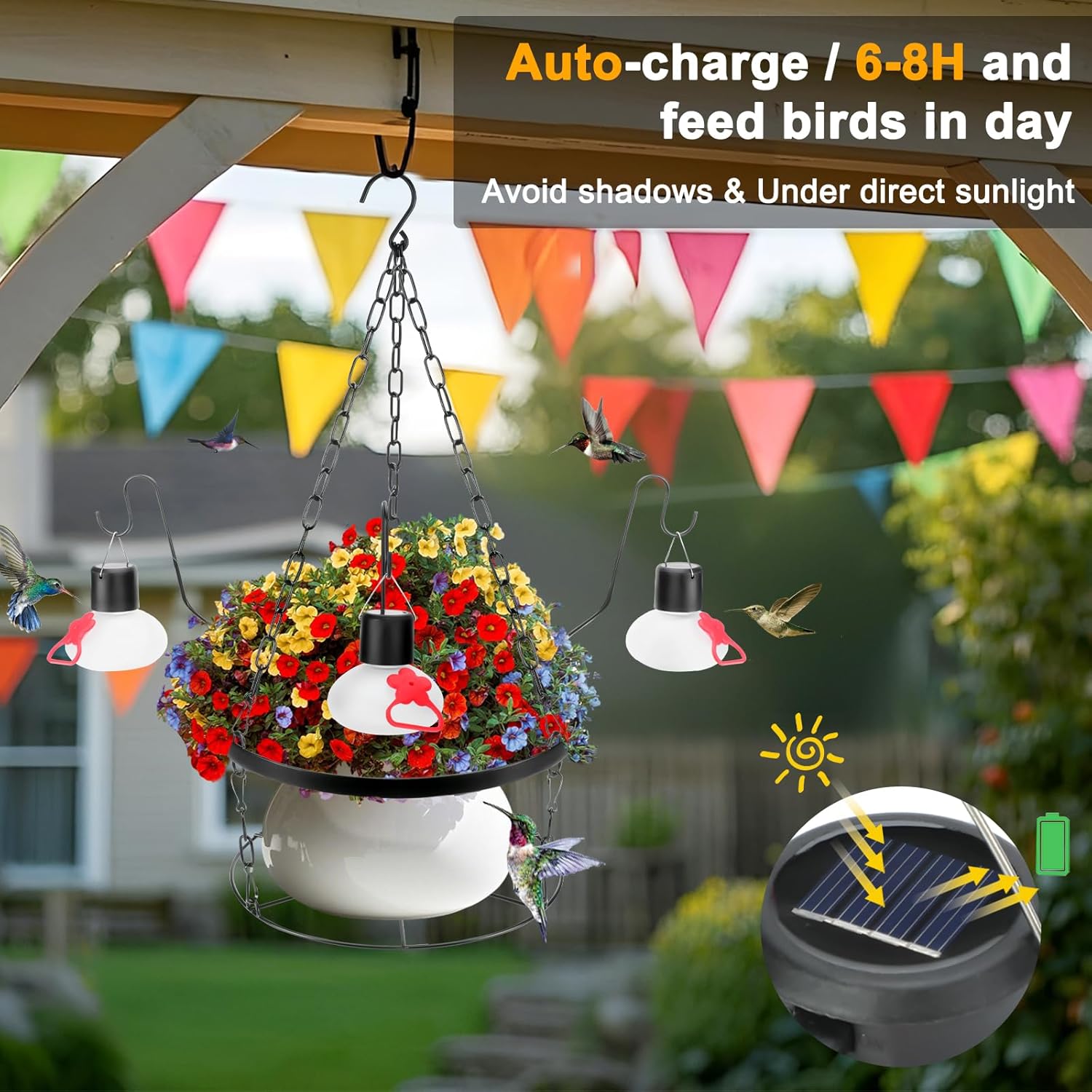 Headak Life Solar Hummingbird feeders for Outdoors with Hanging Planter(11 inch),Black Hanging Plant Holder and Glass Hummingbird Feeder 2-in-1(POTS NOT Included)