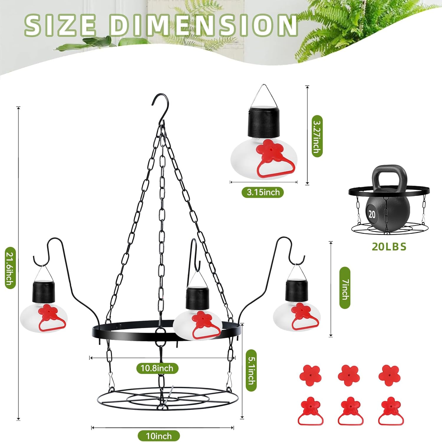 Headak Life Solar Hummingbird feeders for Outdoors with Hanging Planter(11 inch),Black Hanging Plant Holder and Glass Hummingbird Feeder 2-in-1(POTS NOT Included)