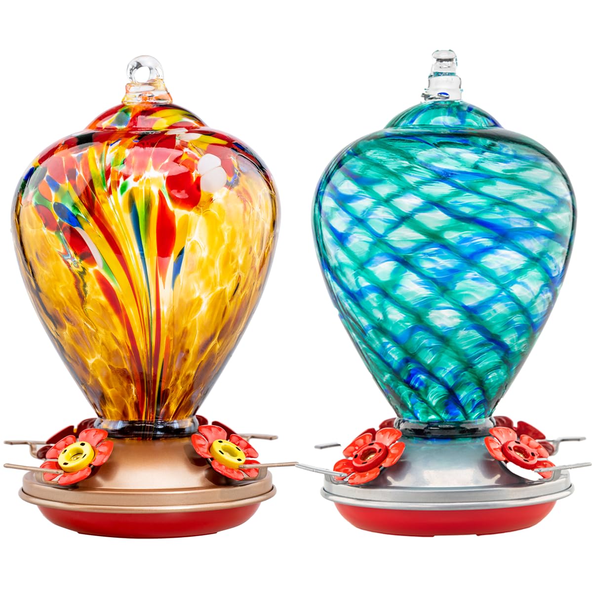 2 Packs Hummingbird Feeder for Outdoors Hanging Ant and Bee Proof, 32OZ & 34OZ, Hand Blown Glass Hummingbird Feeders for Outside, Blue & Teal