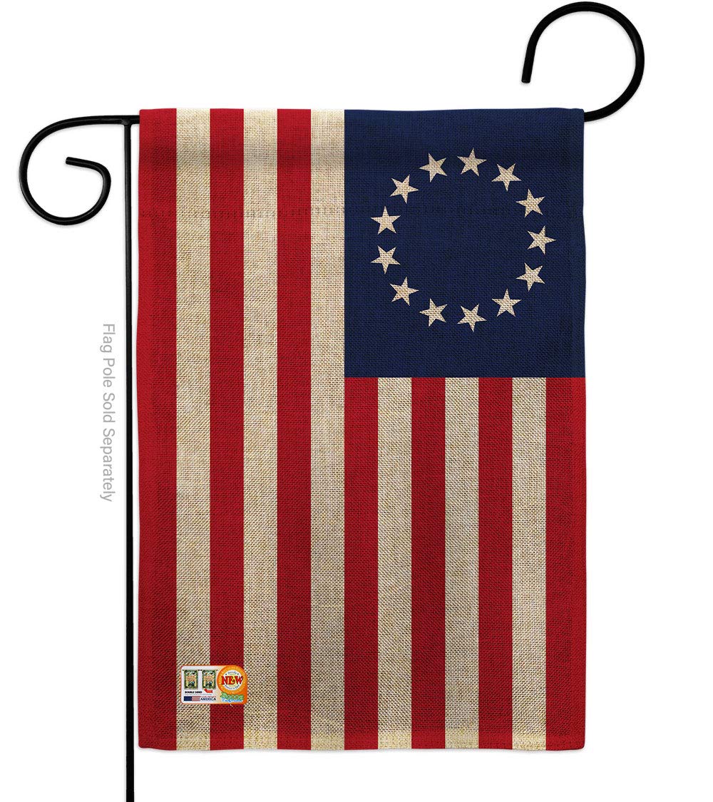 Betsy Ross Burlap Garden Flag Set Wood Dowel Americana US Historic July Memorial Veteran Independence United State American Small Decorative Gift Yard House Banner Double-Sided Made In USA 13 X 18.5