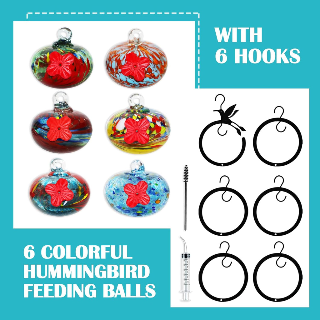 Glass Hummingbird Feeder for Outdoors 6 PCS Small Hand Blown Glass Bird Feeding Balls Hanging Wild Bird Feeders 5OZ x 6PCS Backyard Garden Decorations with Brush Injector
