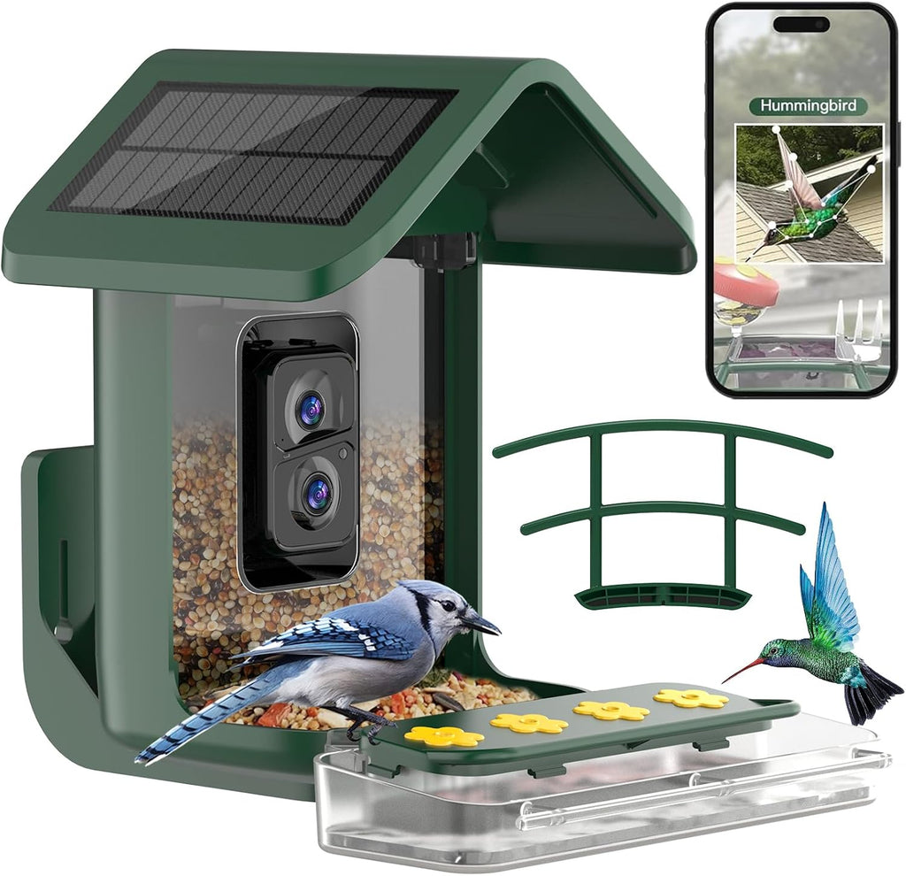 Bird Feeder with Camera Solar Powered: Smart Hummingbird Feeder for Backyard Tree - 2K Live AI Identify Auto Capture Bird Video - WiFi Bird Watching Feeders Gift for Mom Dad