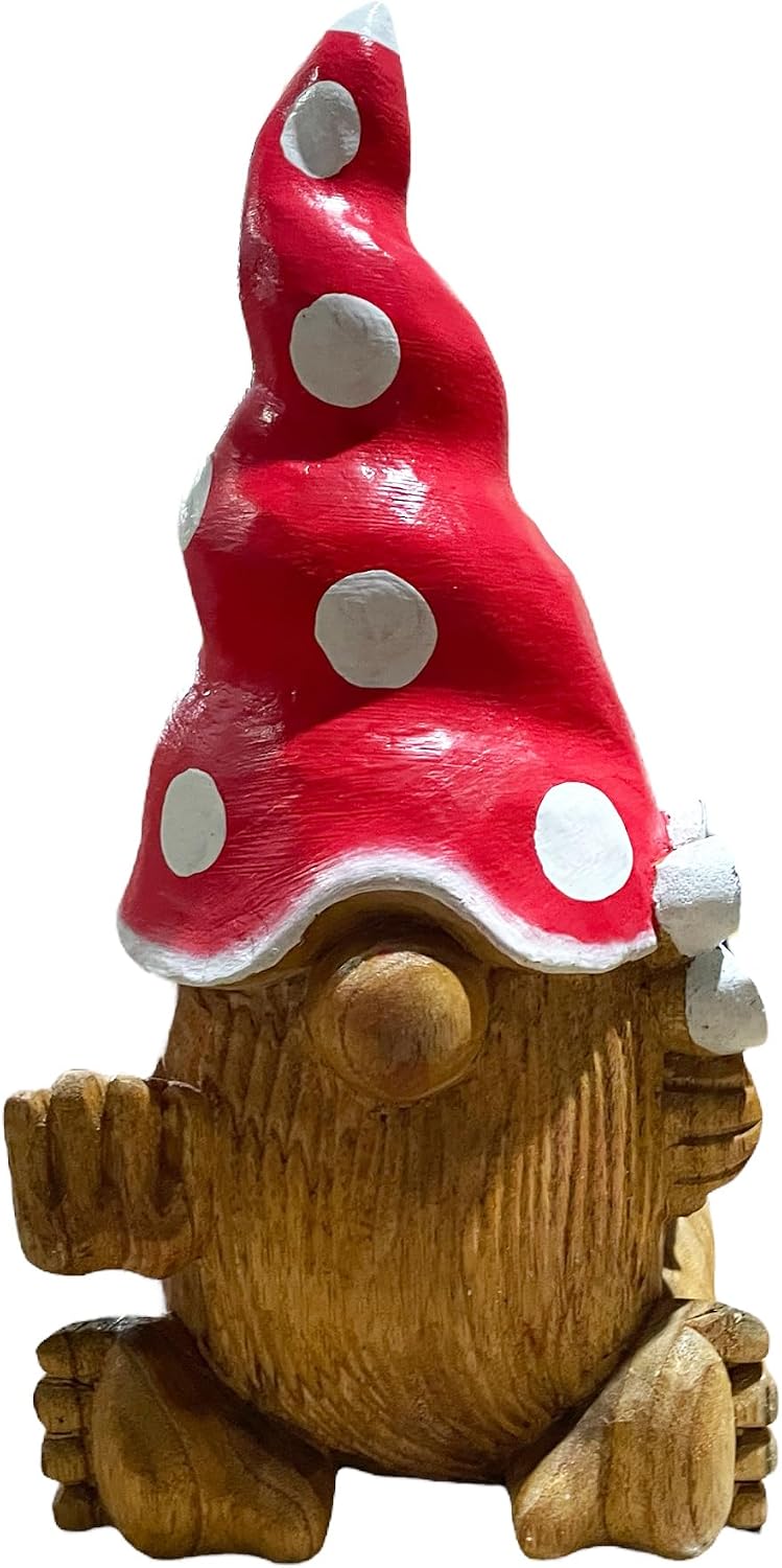 OMA Gnome Figurine with Red Mushroom Hat & Flower – Hand-Carved Teak Wood Statue for Home Decor, Whimsical Shelf Accent, Garden Decor Or Gift