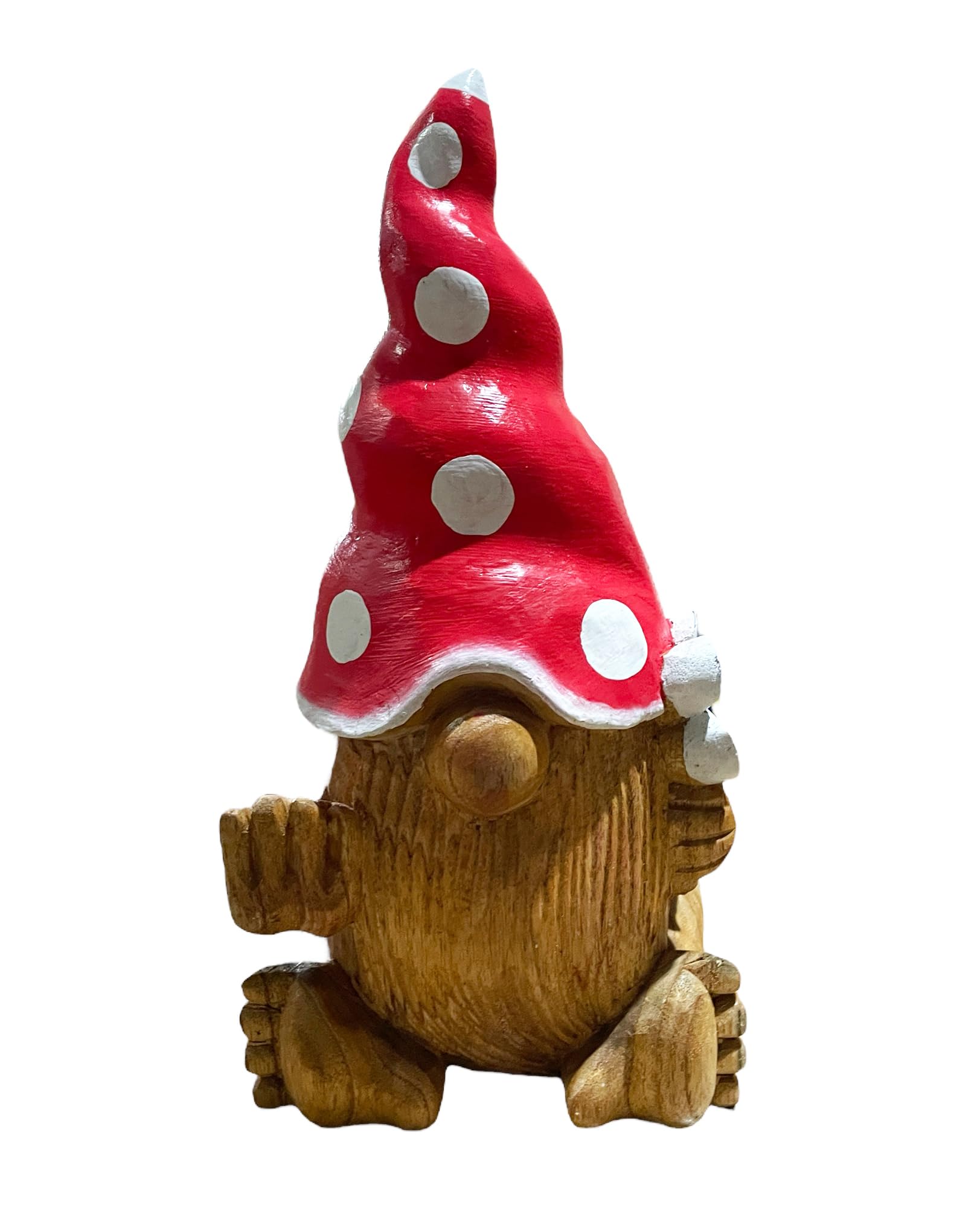 OMA Gnome Figurine with Red Mushroom Hat & Flower – Hand-Carved Teak Wood Statue for Home Decor, Whimsical Shelf Accent, Garden Decor Or Gift