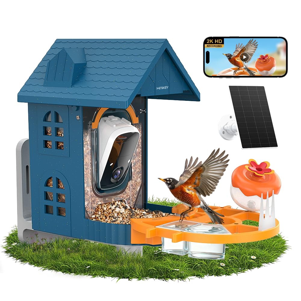 Smart Bird Feeder with Camera Outdoor Birdhouse: AI Identifies 11000+ Species, 2K HD with Arrival Alerts, Attracts Hummingbirds, Dual Squirrel-Proof, Solar Powered, Gifts for Bird Lovers Mom Dad(Blue)