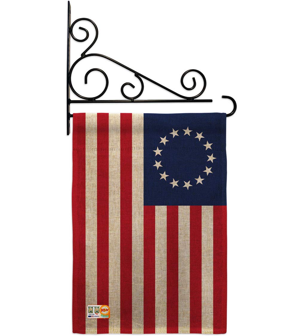 Betsy Ross Burlap Garden Flag Set Wood Dowel Americana US Historic July Memorial Veteran Independence United State American Small Decorative Gift Yard House Banner Double-Sided Made In USA 13 X 18.5