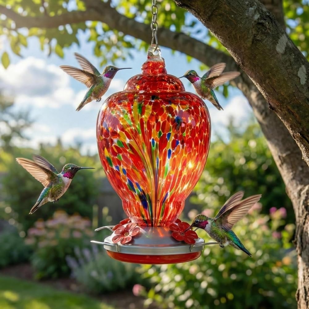 2 Pack Unique Hand Blown Glass Hummingbird Feeders for Outdoors Hanging Patio Garden Decorations Hummingbird Feeder with Ant Moat Hook Brush and Service Card (Blue and Fire)