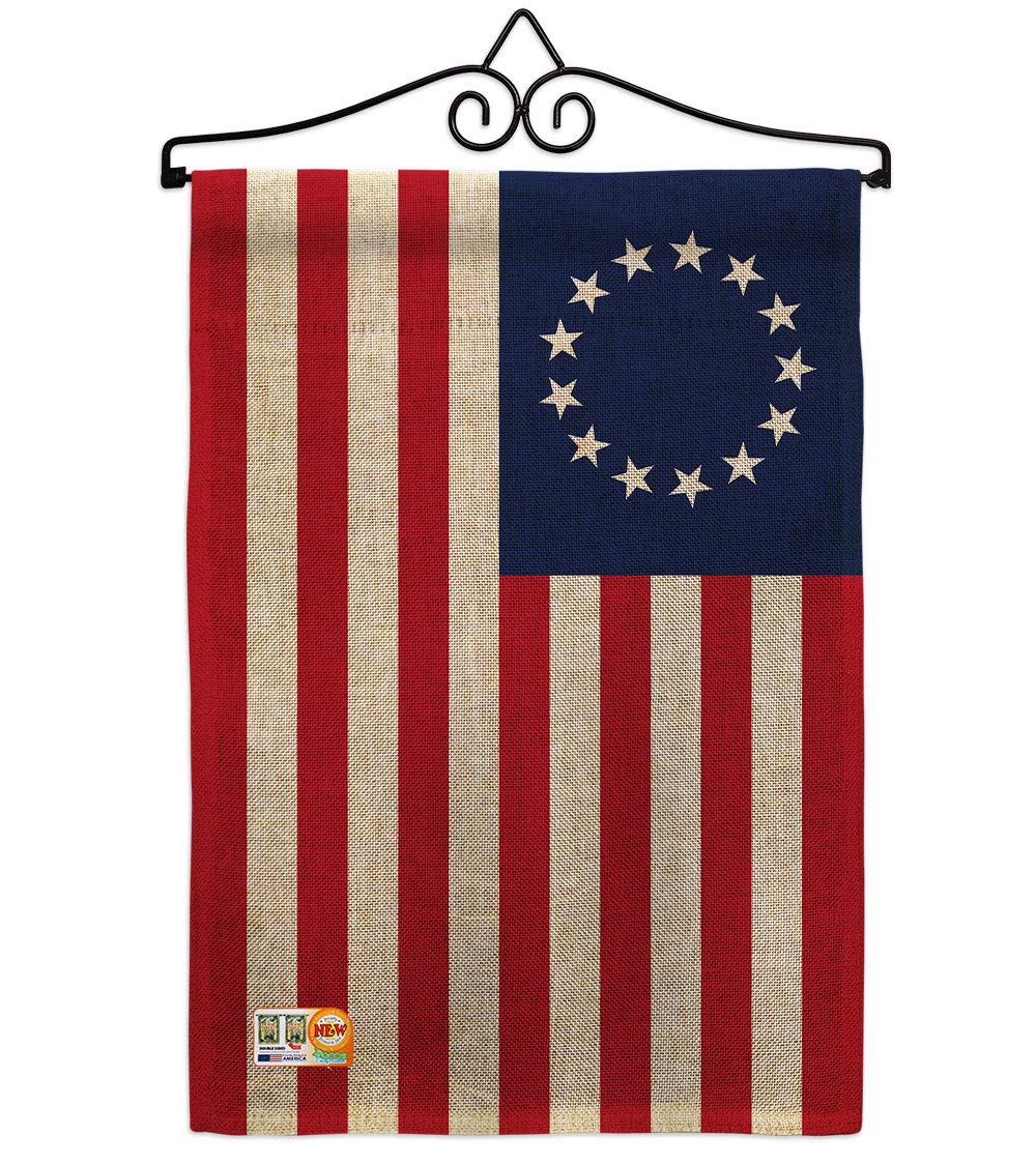Betsy Ross Burlap Garden Flag Set Wood Dowel Americana US Historic July Memorial Veteran Independence United State American Small Decorative Gift Yard House Banner Double-Sided Made In USA 13 X 18.5