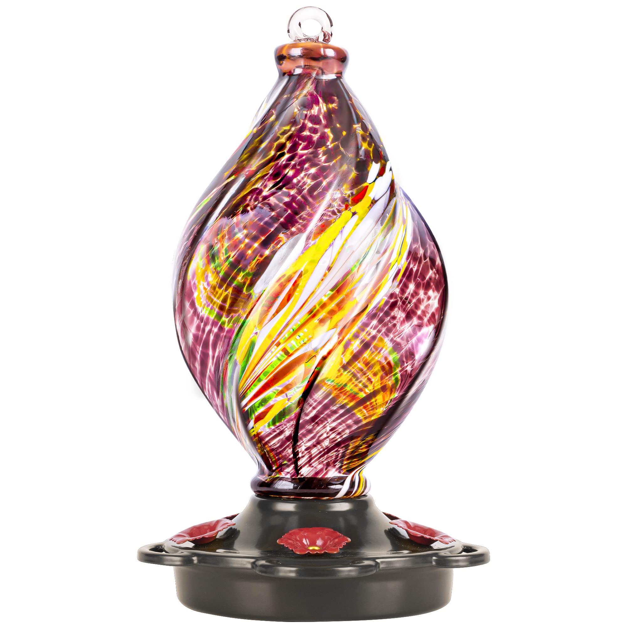 LUJII Ice Cream Shaped Spiral Hummingbird Feeder, Hand Blown Glass, 28 fl.oz, Leak Proof & Rustproof, Includes an Ant Moat for Outdoors Hanging, Unique & Stylish Garden, Outside & Backyard Decor (Red)