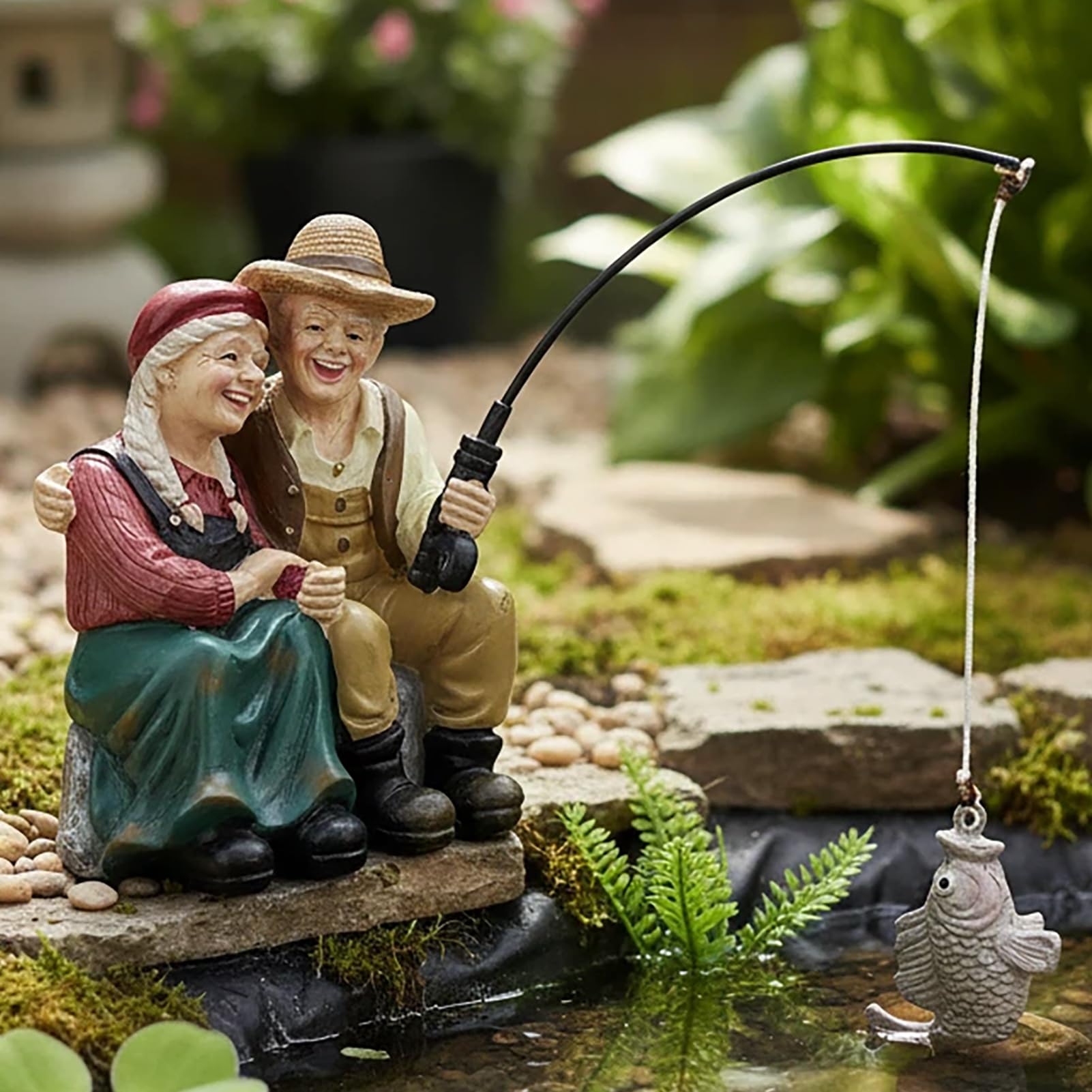 Gnomes Decoration for Yard Outdoor Garden Decor 9.7 Inch Tall Fishing Gnome Statue for Koi Pond, Waterfalls or Poolside Ornaments, Fisher Guy Outdoor Statues, Gift for Mom & Women