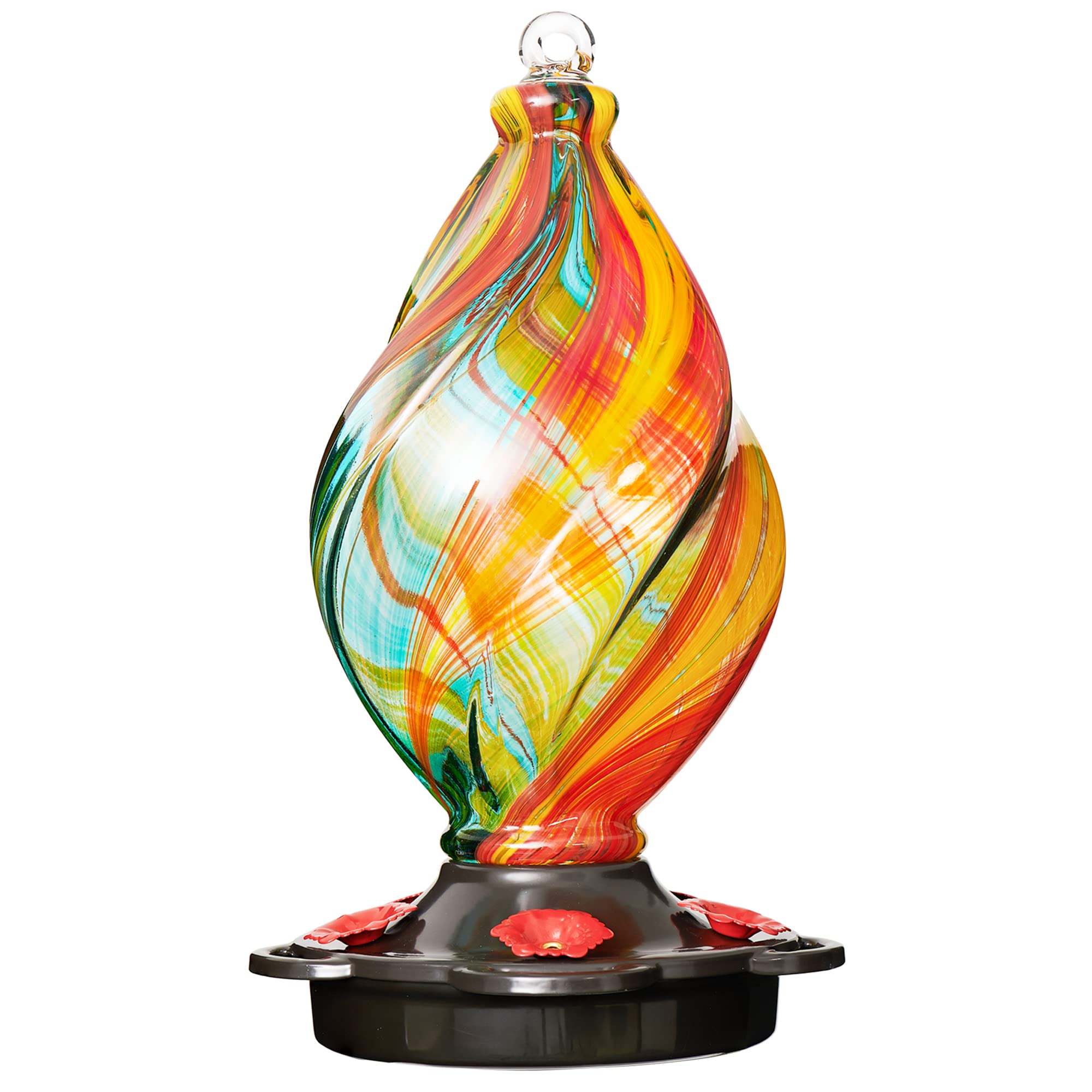 LUJII Ice Cream Shaped Spiral Hummingbird Feeder, Hand Blown Glass, 28 fl.oz, Leak Proof & Rustproof, Includes an Ant Moat for Outdoors Hanging, Unique & Stylish Garden, Outside & Backyard Decor (Red)