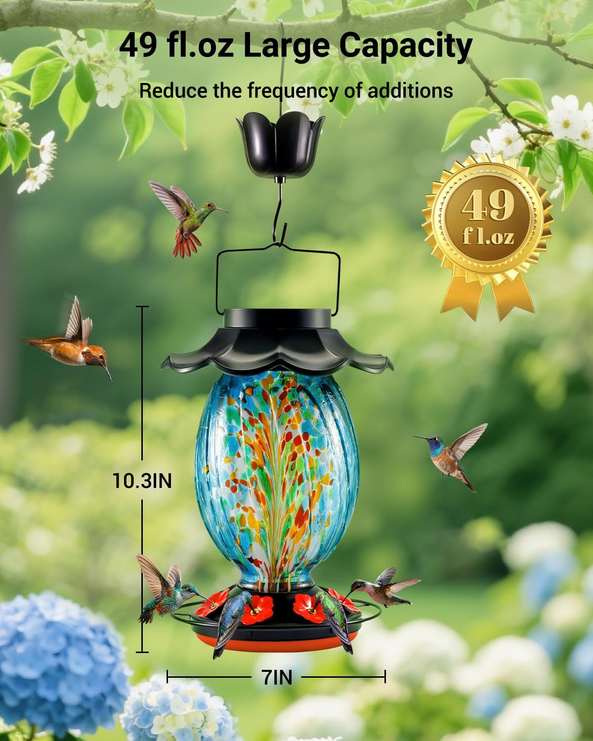 HouseSapp Solar Hummingbird Feeder - 49 fl.oz Hand Blown Glass Color Changing - 7 Feeding Ports with Perch - Never Leak - Perfect Hummingbird Feeder for Outdoors Hanging (Blue)