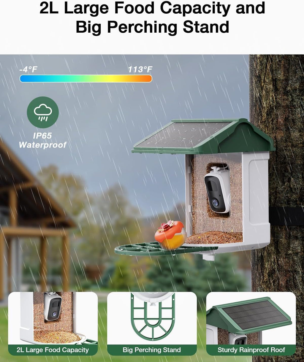 HARYMOR Bird Feeder with Camera Solar Powered-2K Live Feed, Smart AI Identify Birds, 2L Food Capacity, Auto Captured Bird Video, Real-time Arrived Alerts, Mini Hummingbird Feeder for Outdoor Backyard