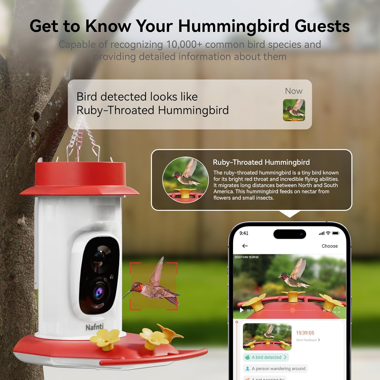 Hummingbird Feeder with Camera Solar Powered, 2K Live Stream Smart AI Bird Species Recognition, Leak-Proof & Ant-Bee Proof, IP65 Outdoor Wireless Bird Feeder