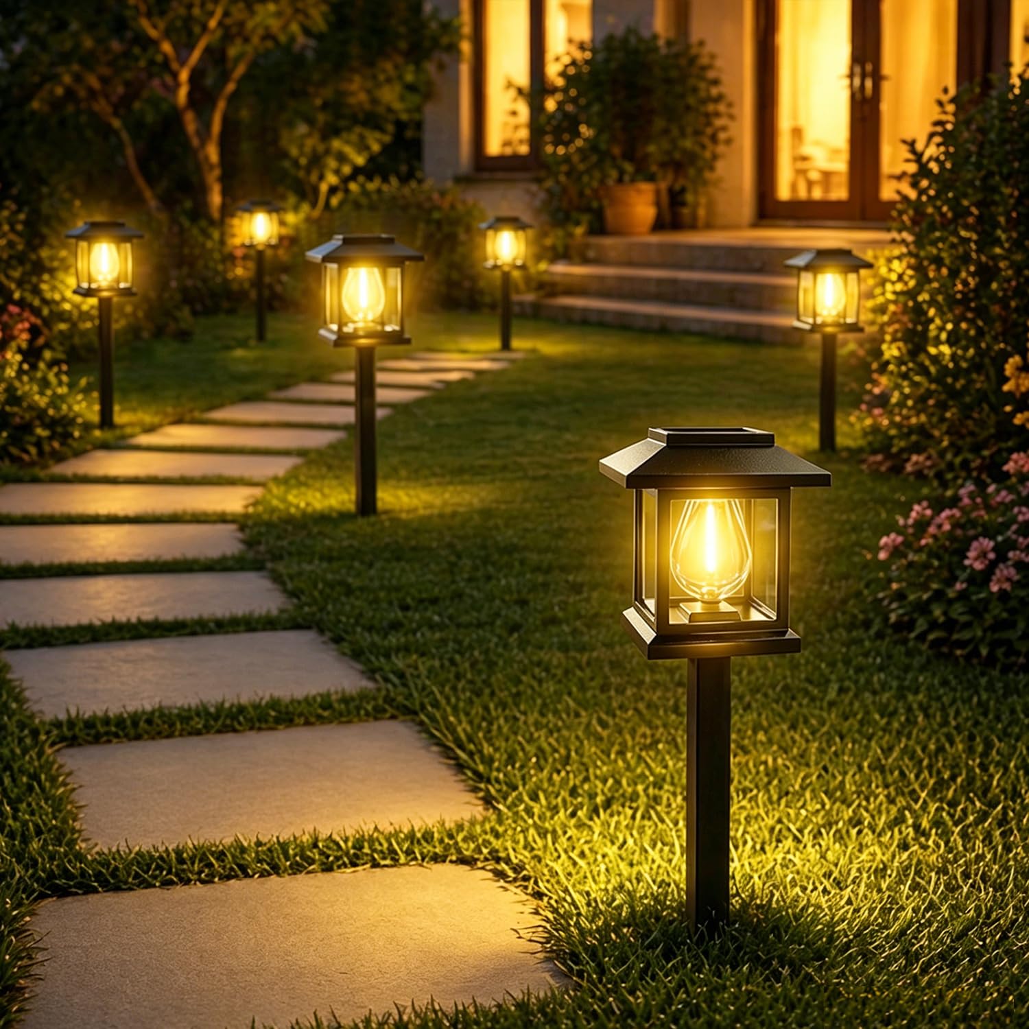 14-Pack Solar Pathway Lights - High-Efficiency Polycrystalline Panels for All-Night Glow - IP65 Waterproof Outdoor Landscape Lighting for Garden, Walkway & Driveway Security (Black)