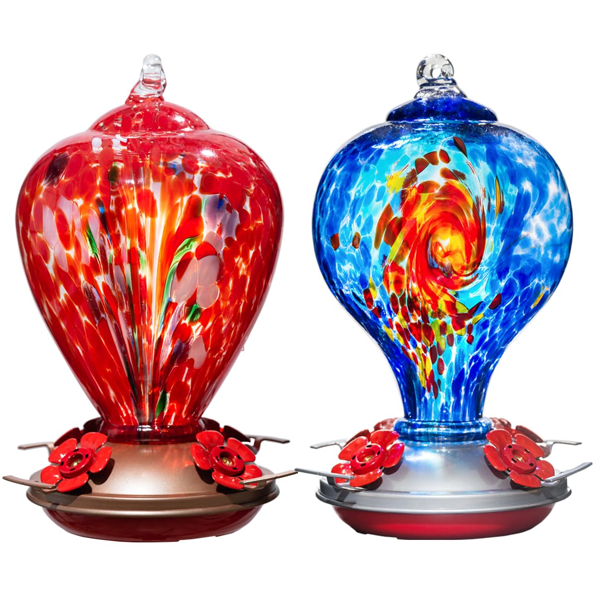 2 Packs Hummingbird Feeder for Outdoors Hanging Ant and Bee Proof, 32OZ & 34OZ, Hand Blown Glass Hummingbird Feeders for Outside, Blue & Teal