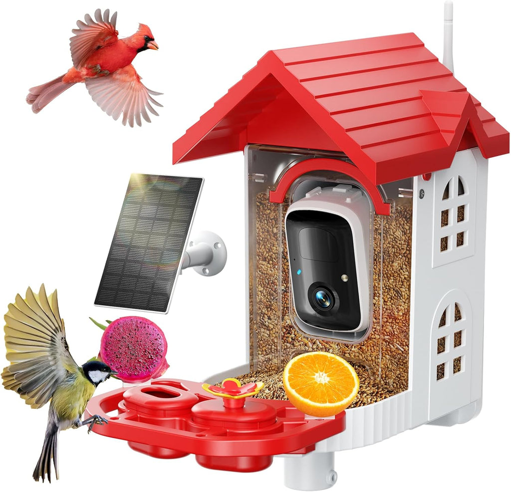 SV3C Bird Feeder with Camera, Smart Bird Feeder Camera with AI Identify BirdSpecies, Solar Powered, Instant Alerts, 2K HD Video, Various DIY Addons, 2.4G WiFi, Gift for Mom Dad and Birdlover (Red)