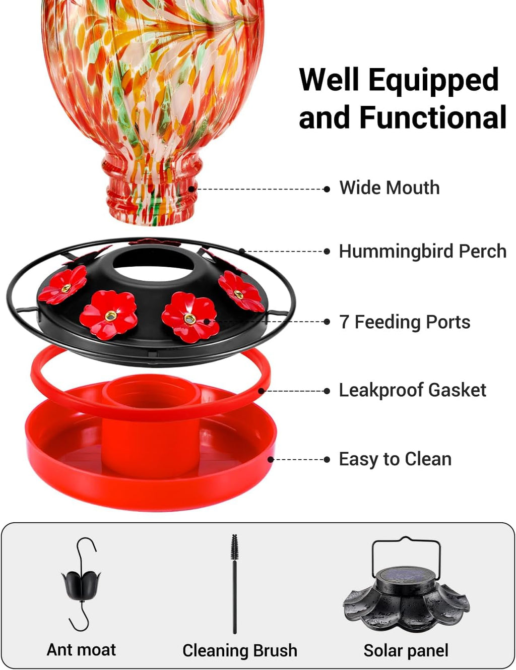HouseSapp Solar Hummingbird Feeder - 49 fl.oz Hand Blown Glass Color Changing - 7 Feeding Ports with Perch - Never Leak - Perfect Hummingbird Feeder