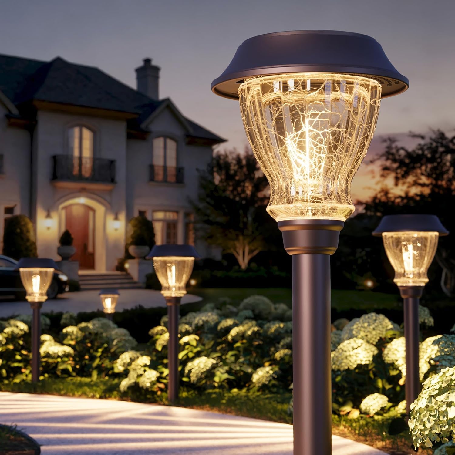 XMCOSY+ Solar Pathway Lights Outdoor, 6 Pack Decorative Crackled Glass Garden Lights, Soft Warm White Glow, Auto On/Off LED Waterproof Landscape Lighting for Yard Walkway Patio