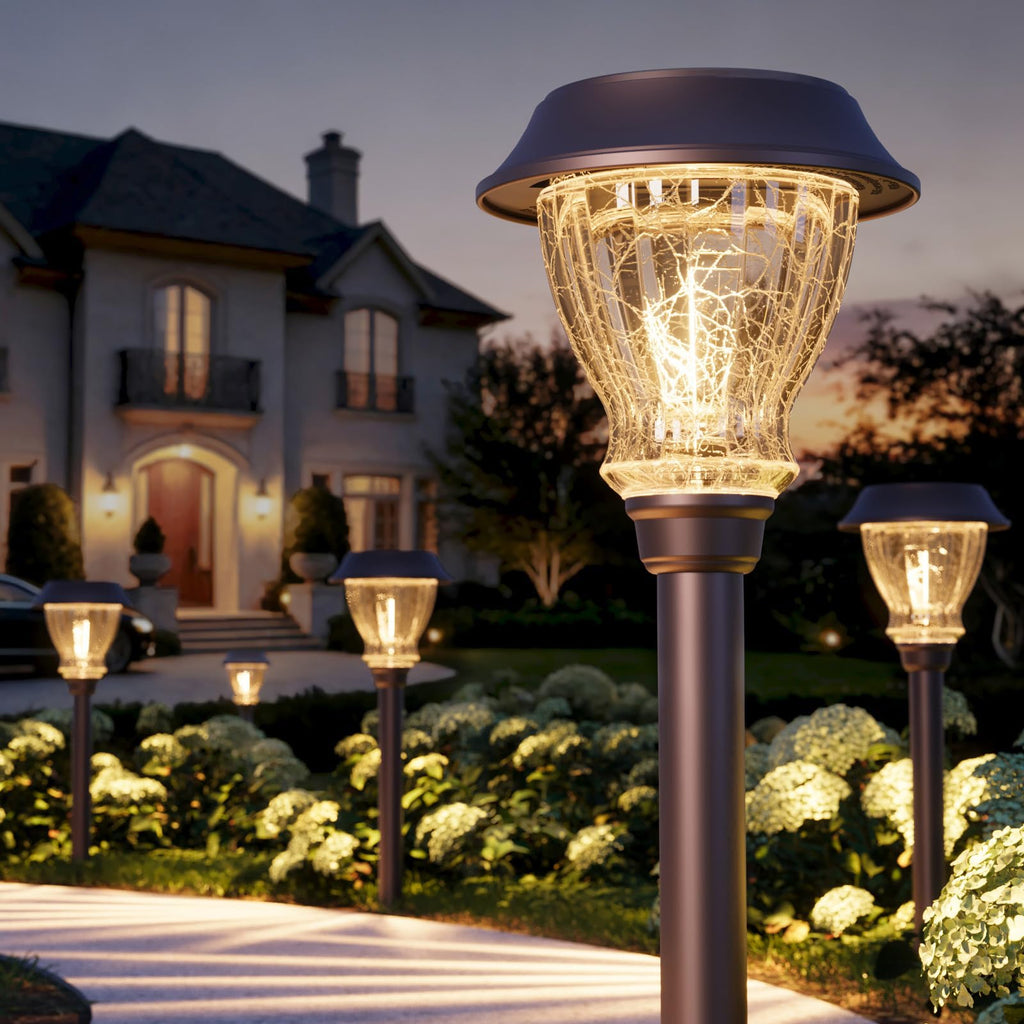 XMCOSY+ Solar Pathway Lights Outdoor, 6 Pack Decorative Crackled Glass Garden Lights, Soft Warm White Glow, Auto On/Off LED Waterproof Landscape Lighting for Yard Walkway Patio